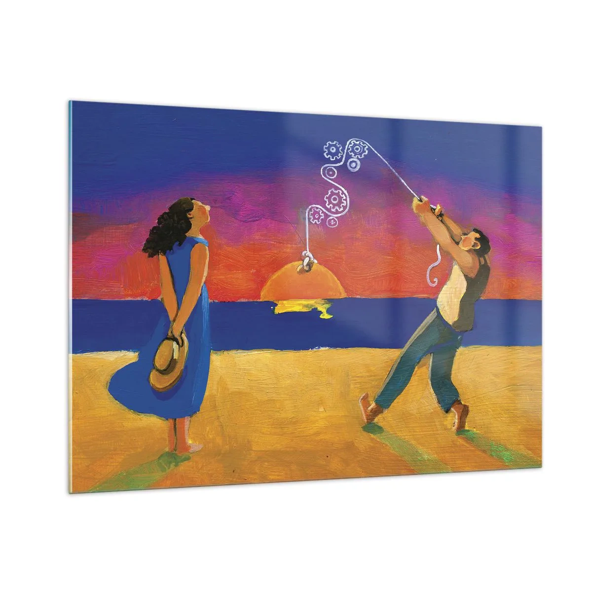 Impression sur verre - Image sur verre - Résumé coloré d'un couple sur la plage au coucher du soleil - 100x70cm - Plus qu'une étoile dans le ciel - Décoration murale moderne pour le salon et la chambre ARTTOR