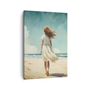 Impression sur toile - Image sur toile - Une femme en robe blanche marchant sur la plage par une journée ensoleillée - 50x70cm - Pour rencontrer le soleil et le vent - Décoration murale moderne pour le salon et la chambre ARTTOR