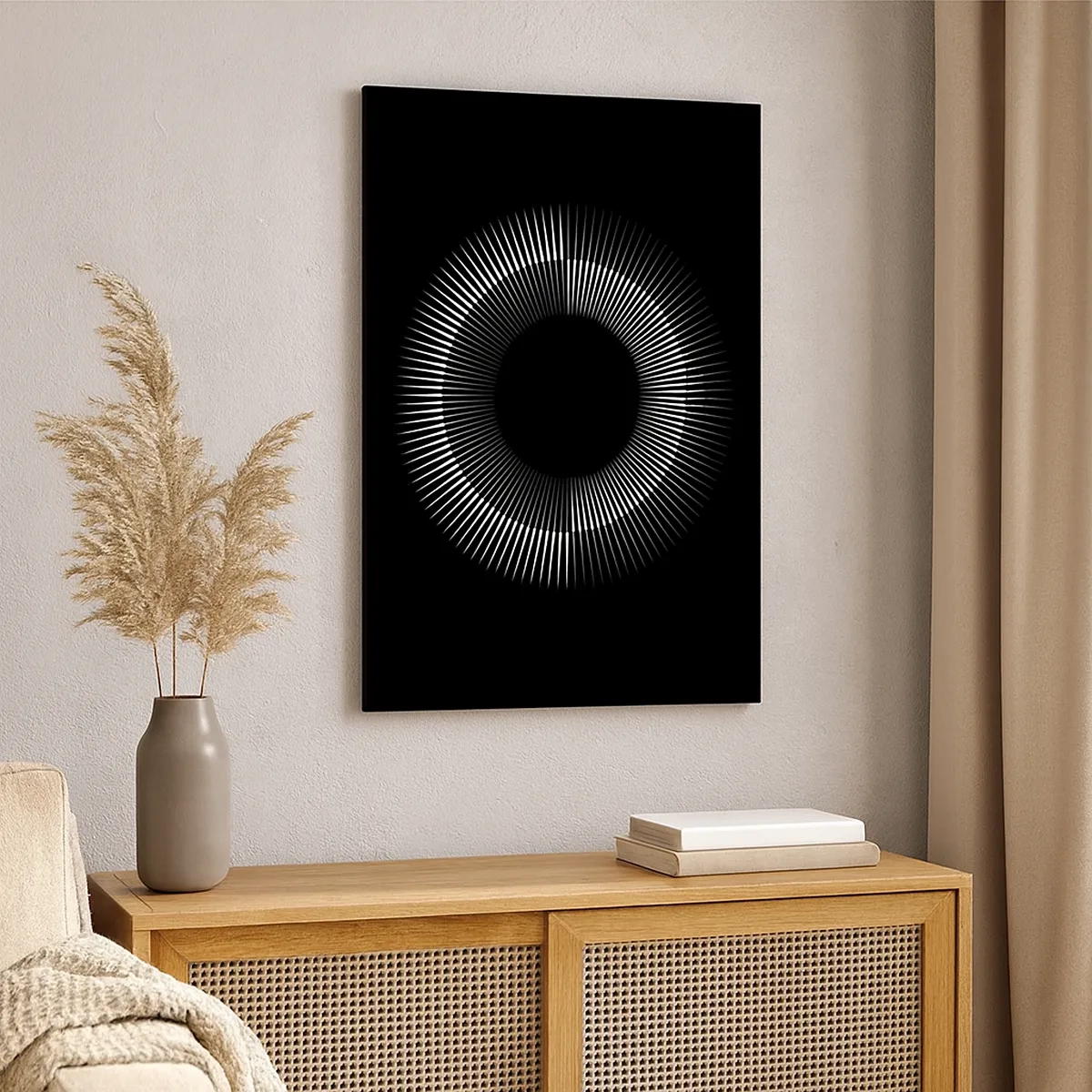 Impression sur toile - Image sur toile - Cercle graphique avec des rayons en noir et blanc - 50x70cm - Soleil noir - Décoration murale moderne pour le salon et la chambre ARTTOR