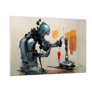 Impression sur verre - Image sur verre - Un robot peignant une main mécanique sur un fond abstrait. - 120x80cm - Déjà demain… - Décoration murale moderne pour le salon et la chambre ARTTOR