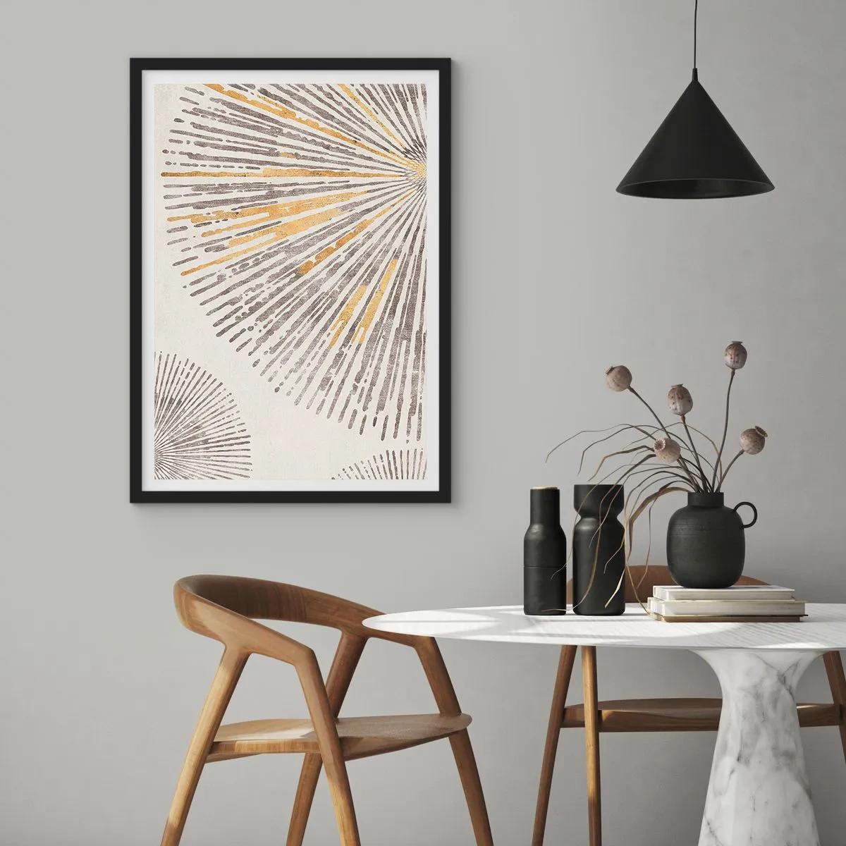 Affiche dans un cadre noir - Poster - Motif de rayons abstrait dans des tons dorés et marron - 50x70cm - La beauté du rayon - Décoration murale moderne pour le salon et la chambre ARTTOR