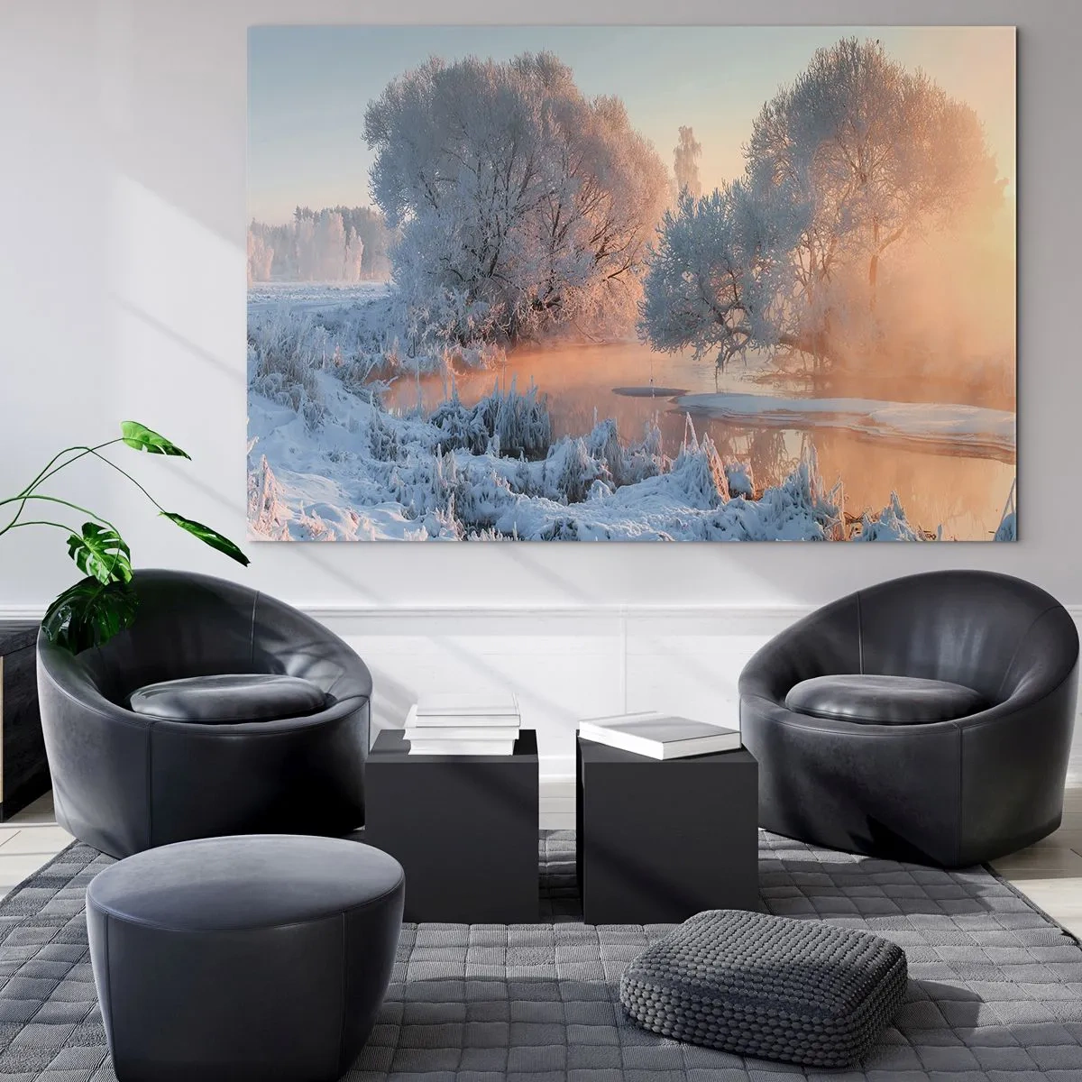 Impression sur verre - Image sur verre - Paysage d'hiver avec un lac gelé et un brouillard matinal - 120x80cm - Tout dans le soleil brille en cristal - Décoration murale moderne pour le salon et la chambre ARTTOR
