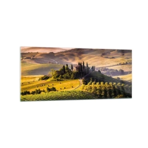 Impression sur verre - Image sur verre - Paysage toscan avec des vignes et une maison sur une colline - 120x50cm - Arcadie - le paysage toscan - Décoration murale moderne pour le salon et la chambre ARTTOR