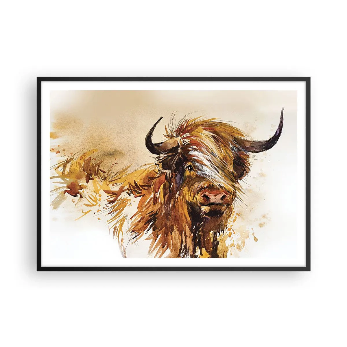 Affiche dans un cadre noir - Poster - Portrait d'un taureau dans un style aquarelle artistique - 100x70cm - Fierté du chasseur - Décoration murale moderne pour le salon et la chambre ARTTOR