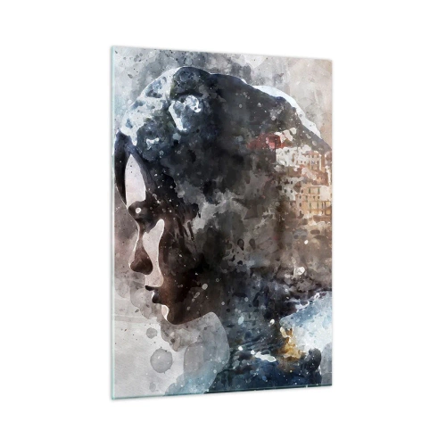 Impression sur verre - Image sur verre - Un profil de femme de style aquarelle avec une ville en arrière-plan. - 50x70cm - L'histoire d'une fille avec une ville en arrière-plan - Décoration murale moderne pour le salon et la chambre ARTTOR