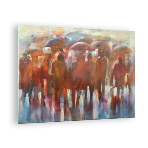 Impression sur verre - Image sur verre - Une foule de personnes avec des parapluies dans une abstraction artistique - 70x50cm - Identiques sous la pluie et dans le brouillard - Décoration murale moderne pour le salon et la chambre ARTTOR