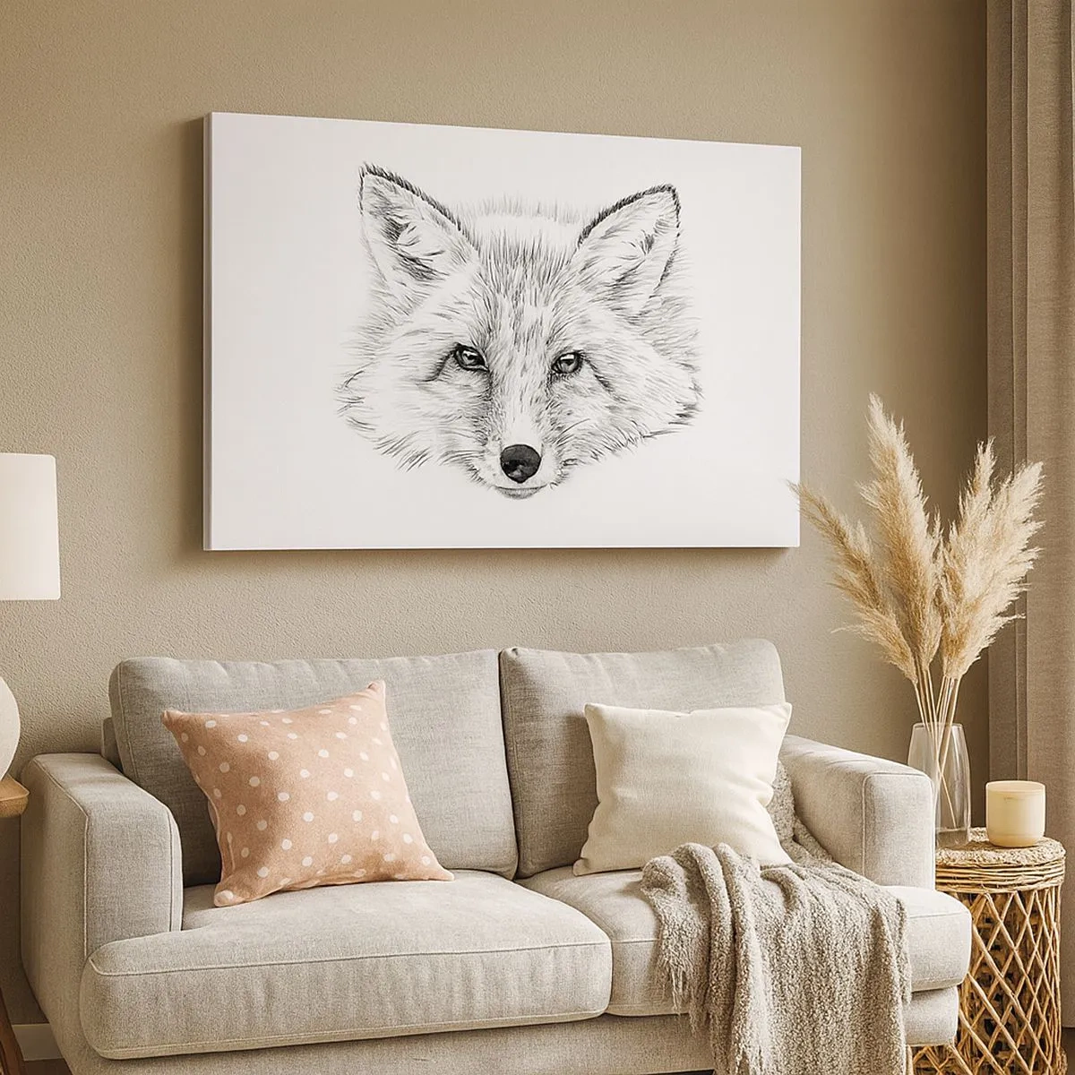 Impression sur toile - Image sur toile - Dessin en noir et blanc d'une tête de renard sur fond blanc - 70x50cm - Ces yeux peuvent-ils mentir ? - Décoration murale moderne pour le salon et la chambre ARTTOR