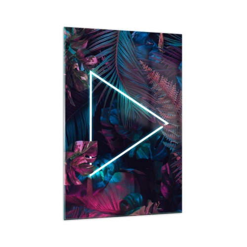 Impression sur verre - Image sur verre - Un triangle néon entouré de feuilles tropicales aux couleurs sombres. - 70x100cm - Jardin de style disco - Décoration murale moderne pour le salon et la chambre ARTTOR