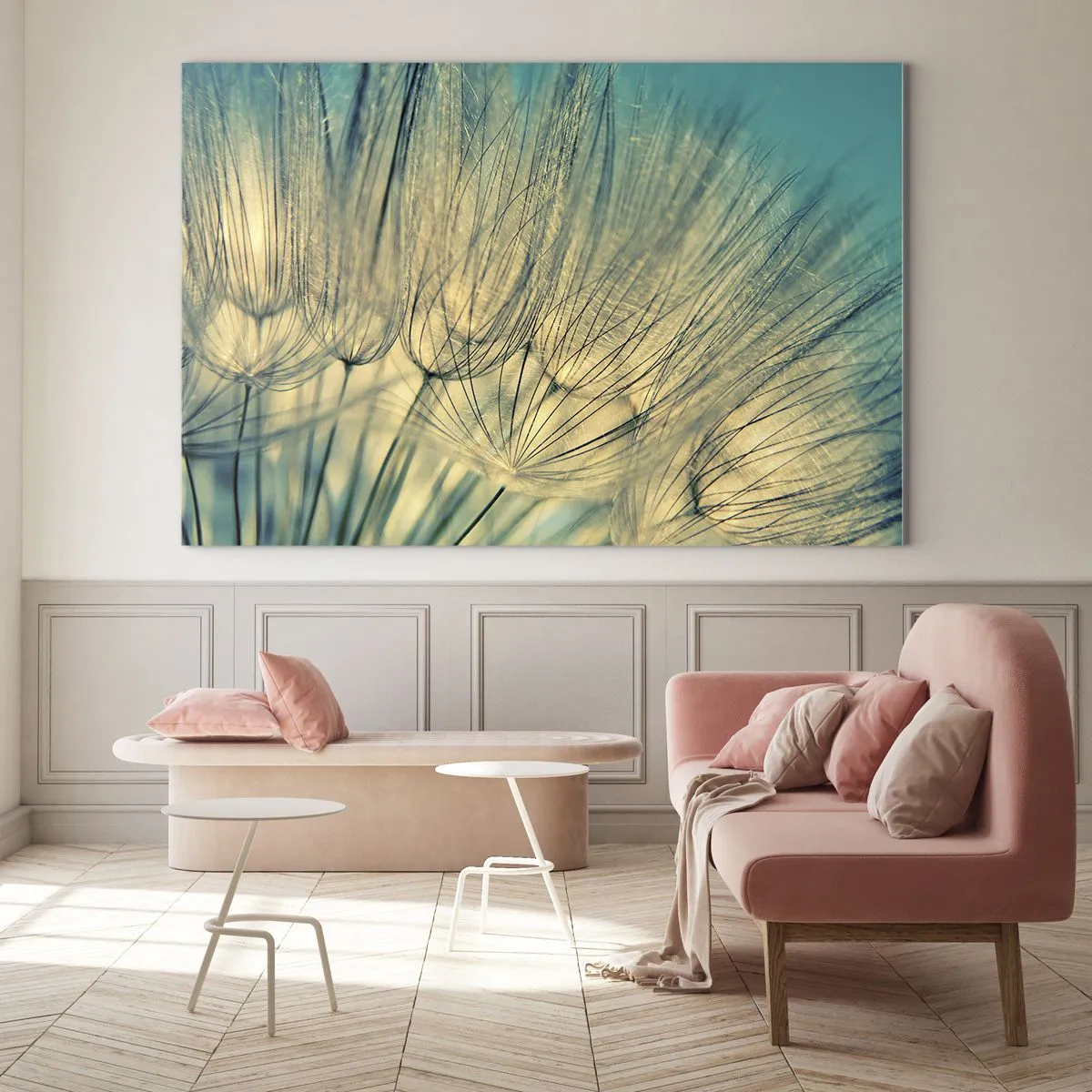 Impression sur verre - Image sur verre - Macrophotographie d'un pissenlit sur fond turquoise - 120x80cm - En attente du vent - Décoration murale moderne pour le salon et la chambre ARTTOR