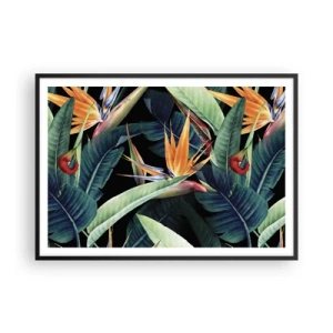 Affiche dans un cadre noir - Poster - Fleurs et feuilles tropicales sur fond noir - 100x70cm - Fleurs flamboyantes des tropiques - Décoration murale moderne pour le salon et la chambre ARTTOR