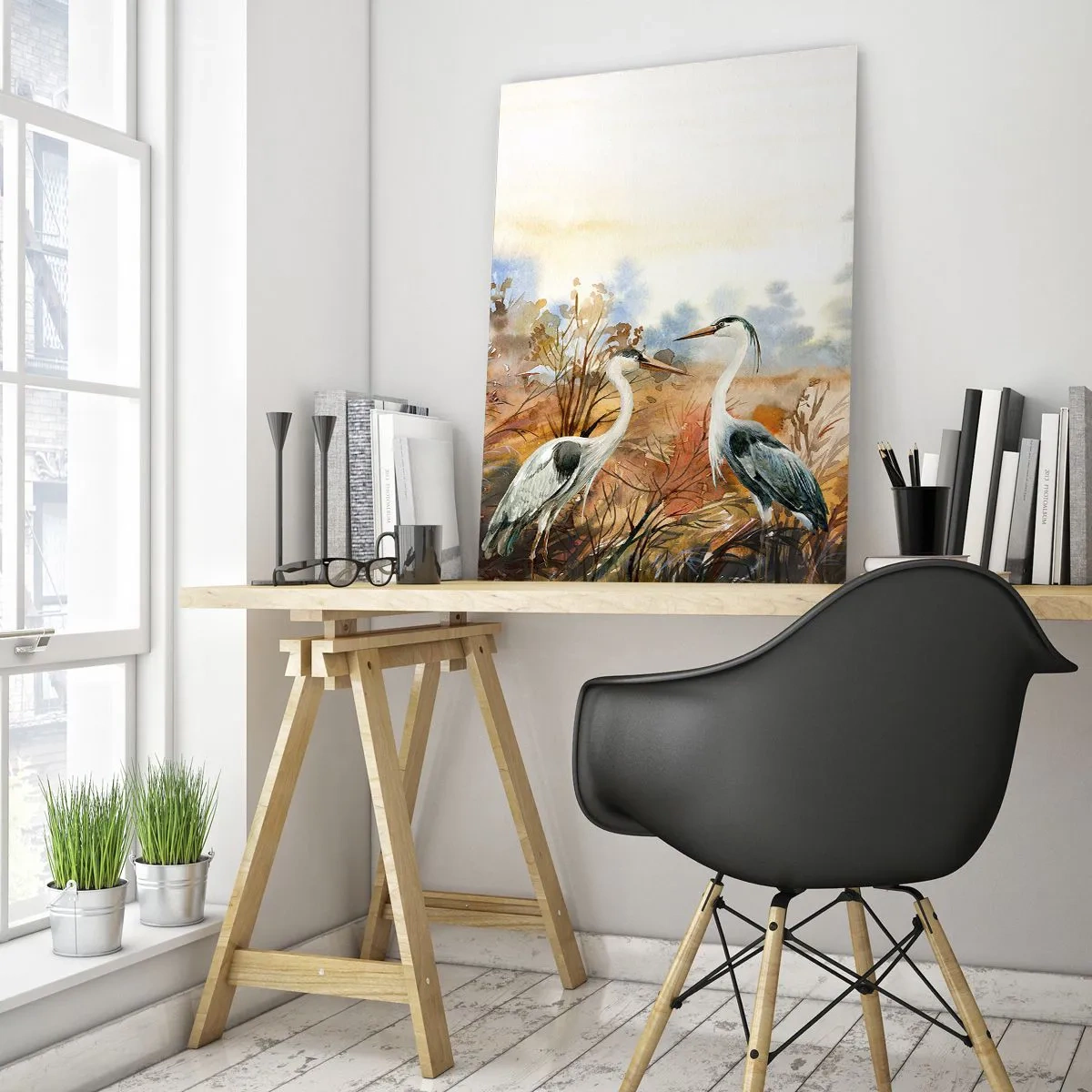 Impression sur verre - Image sur verre - Deux hérons sur fond de paysage d'automne - 80x120cm - Jusqu'où en automne ? - Décoration murale moderne pour le salon et la chambre ARTTOR