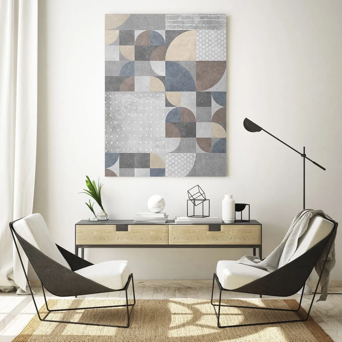 Impression sur verre - Image sur verre - Composition géométrique abstraite avec différentes formes et nuances de gris. - 50x70cm - Fantaisie de la céramique - Décoration murale moderne pour le salon et la chambre ARTTOR