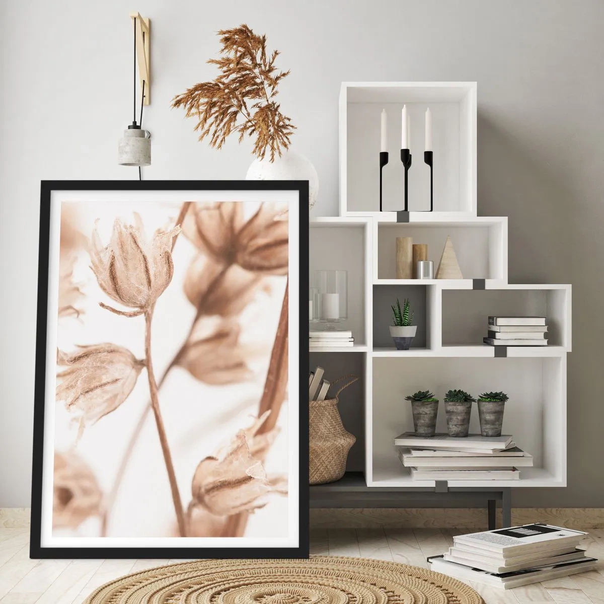 Affiche dans un cadre noir - Poster - Plantes séchées en sépia sur fond clair - 50x70cm - Ils appellent à la fin de l'été - Décoration murale moderne pour le salon et la chambre ARTTOR