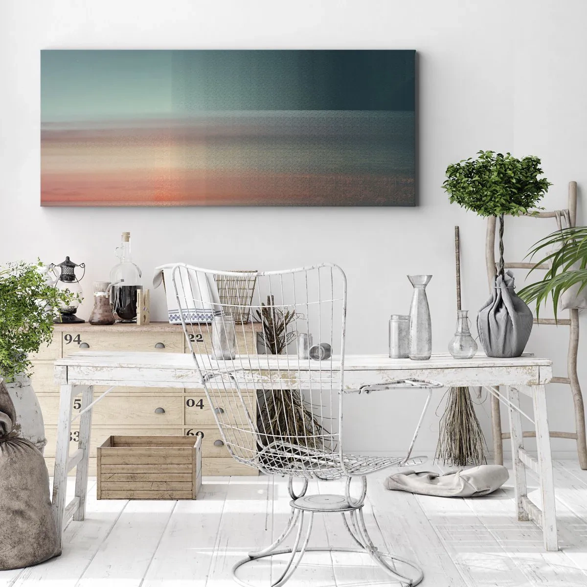 Impression sur toile - Image sur toile - Un coucher de soleil aux tons pastel sur un horizon calme - 140x50cm - Résumé : vagues de lumière - Décoration murale moderne pour le salon et la chambre ARTTOR