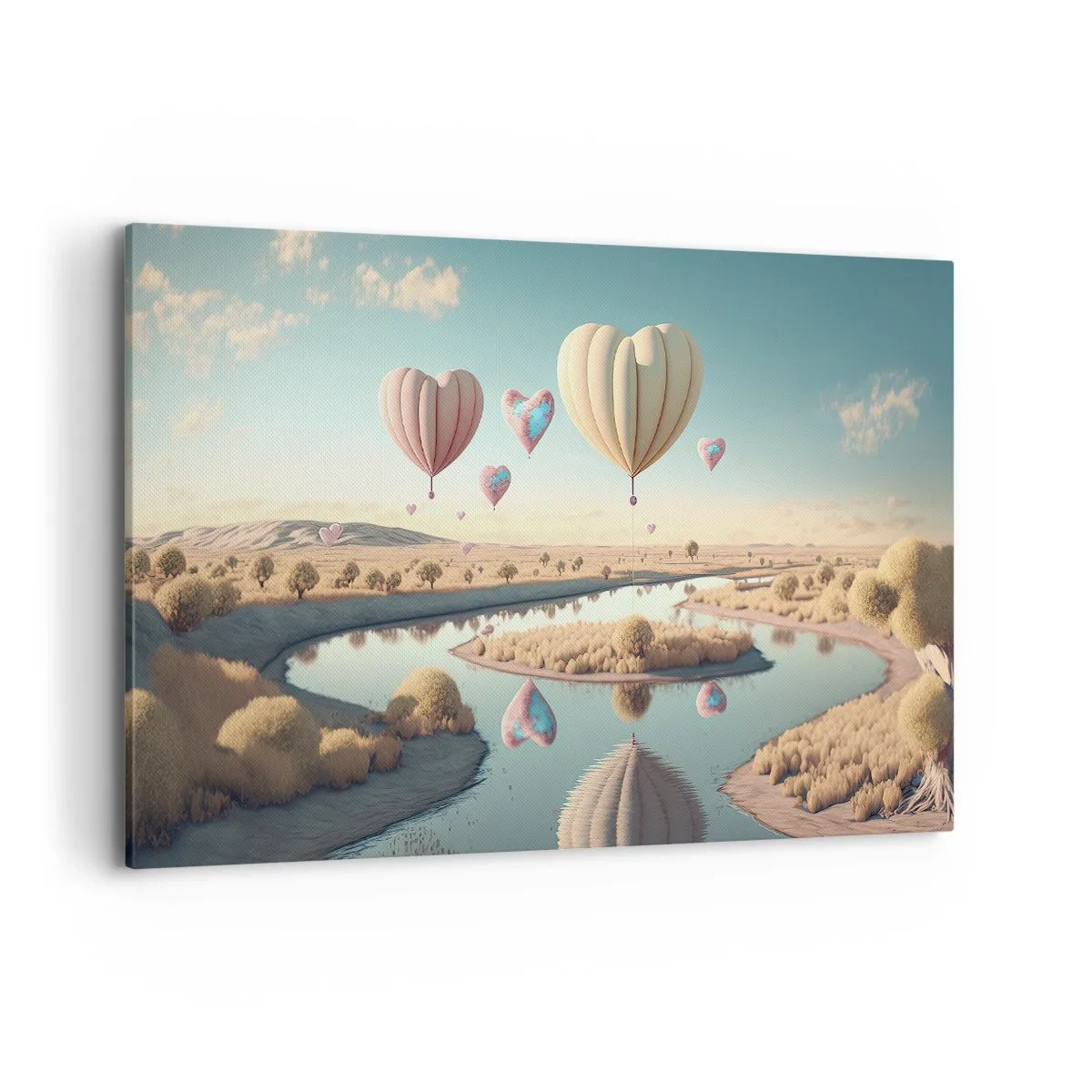 Impression sur toile - Image sur toile - Des ballons en forme de cœur flottant au-dessus du paysage - 120x80cm - L'amour te permet de t'élever - Décoration murale moderne pour le salon et la chambre ARTTOR