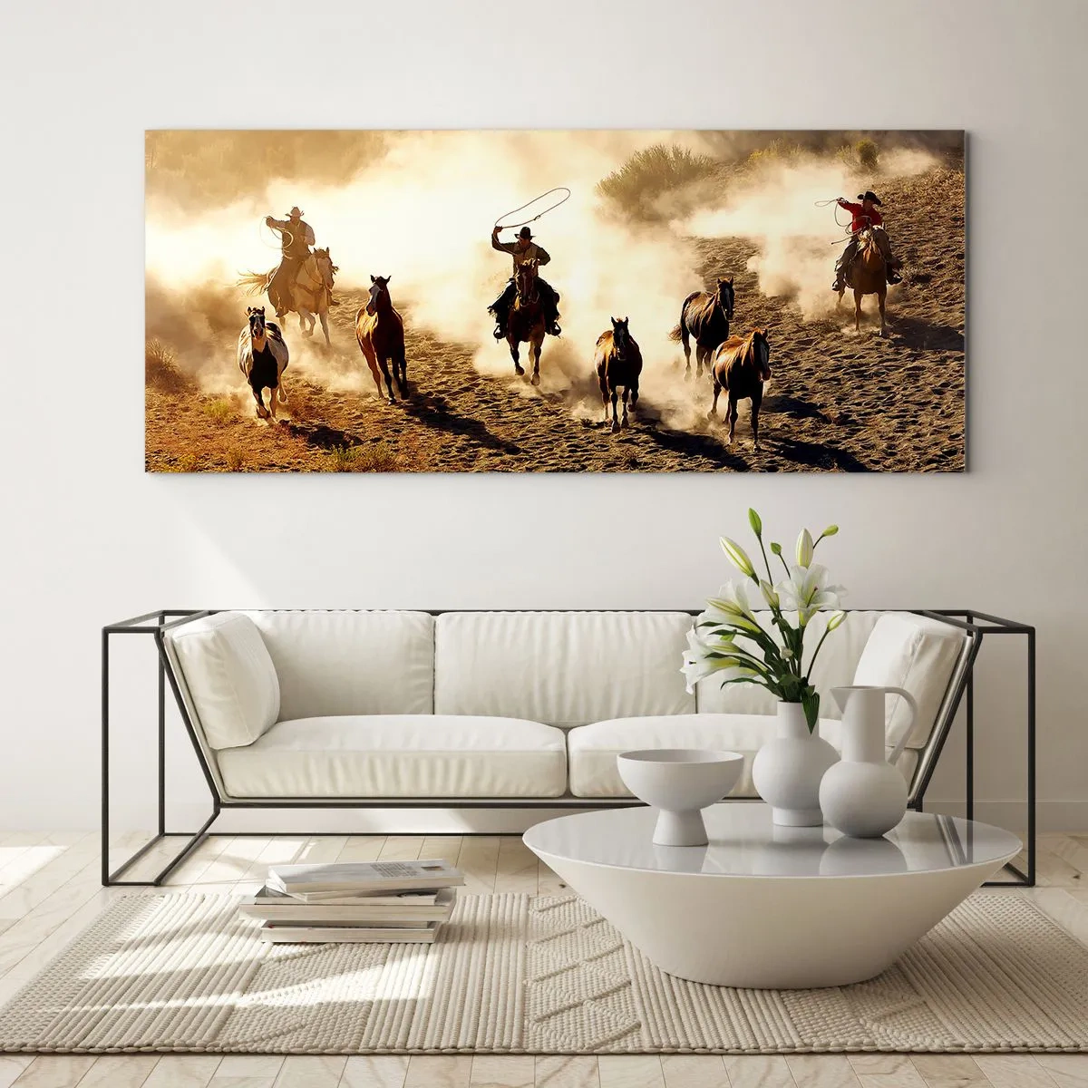 Impression sur verre - Image sur verre - Cowboys à cheval en action sur un terrain désertique - 140x50cm - L'ouest vraiment sauvage - Décoration murale moderne pour le salon et la chambre ARTTOR