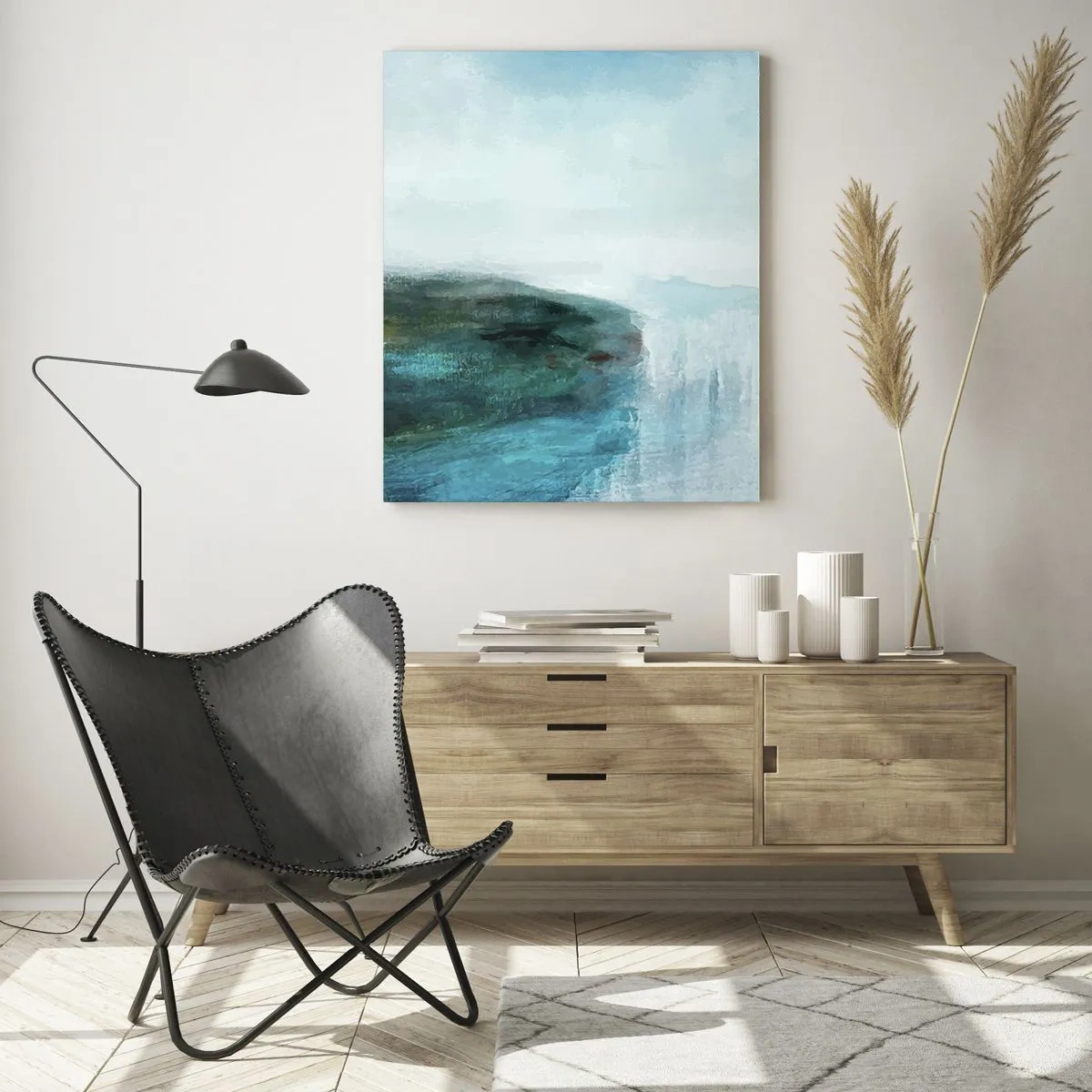 Impression sur verre - Image sur verre - Paysage abstrait dans les tons turquoise et gris - 80x120cm - Abstraction nautique - Décoration murale moderne pour le salon et la chambre ARTTOR