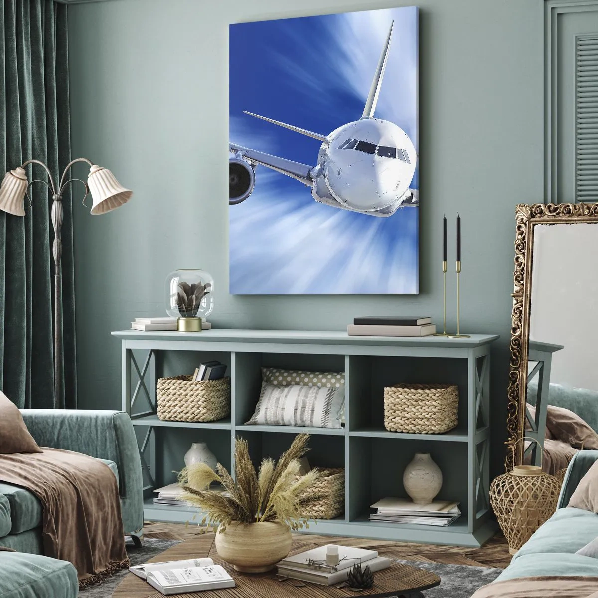 Impression sur toile - Image sur toile - Un avion de ligne en mouvement dans le ciel - 50x70cm - Plus vite que le vent dans le ciel - Décoration murale moderne pour le salon et la chambre ARTTOR
