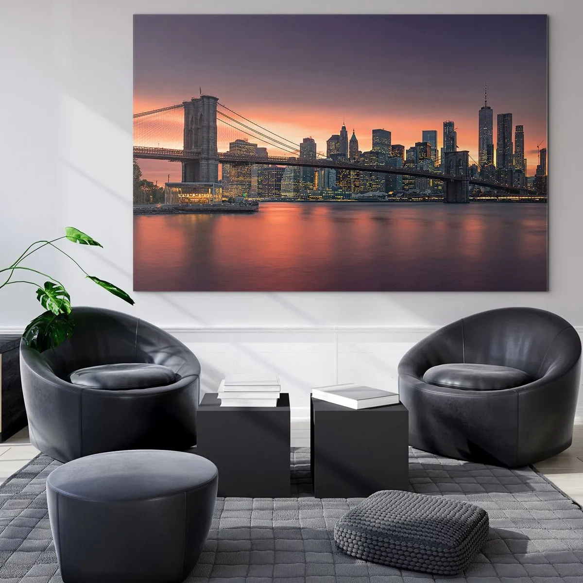 Impression sur verre - Image sur verre - Pont de Brooklyn au coucher du soleil - 100x70cm - Immergé dans le silence lilas - Décoration murale moderne pour le salon et la chambre ARTTOR