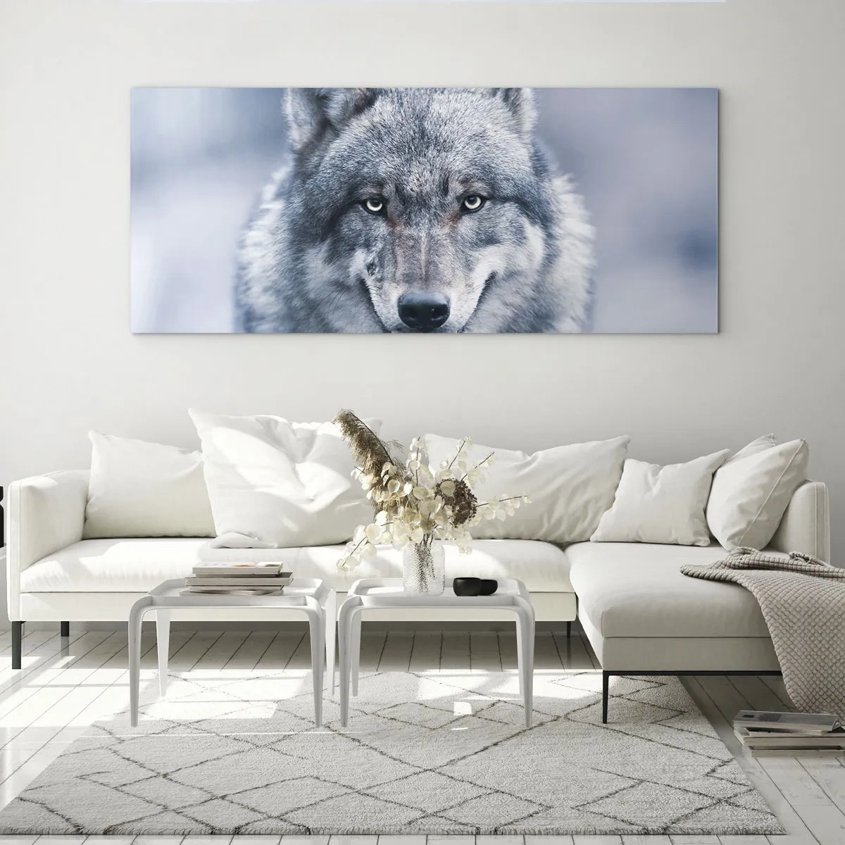 Impression sur verre - Image sur verre - Un loup au regard intense dans un paysage hivernal - 120x50cm - Relèverez-vous le défi ? - Décoration murale moderne pour le salon et la chambre ARTTOR