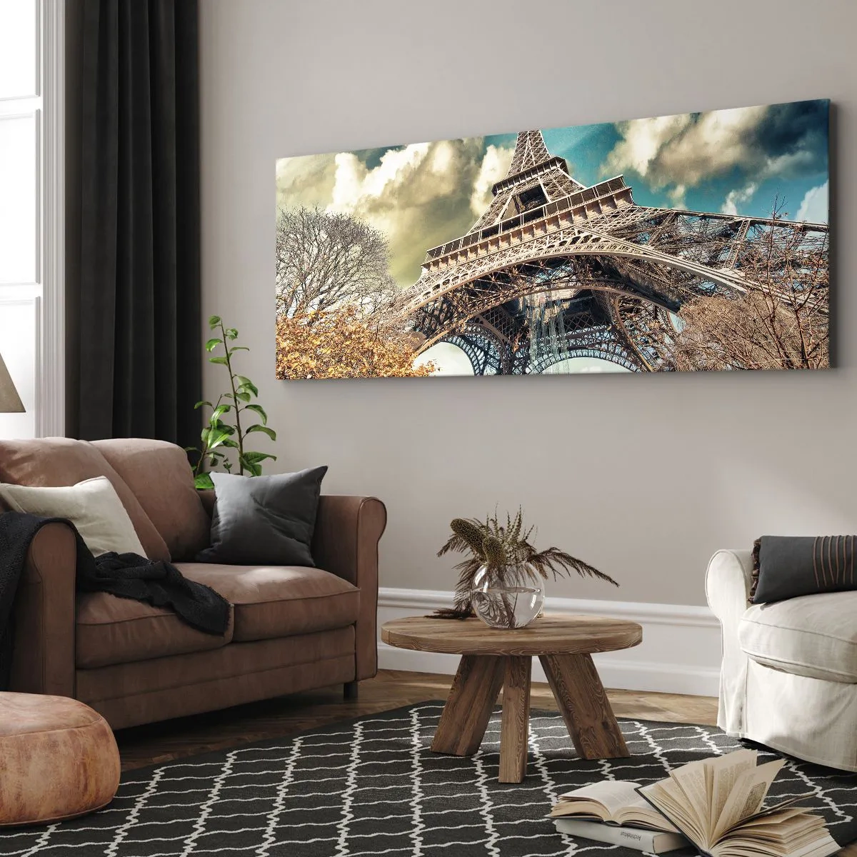 Impression sur toile - Image sur toile - La Tour Eiffel vue d'en bas dans un décor automnal - 120x50cm - Et en automne à Paris... - Décoration murale moderne pour le salon et la chambre ARTTOR