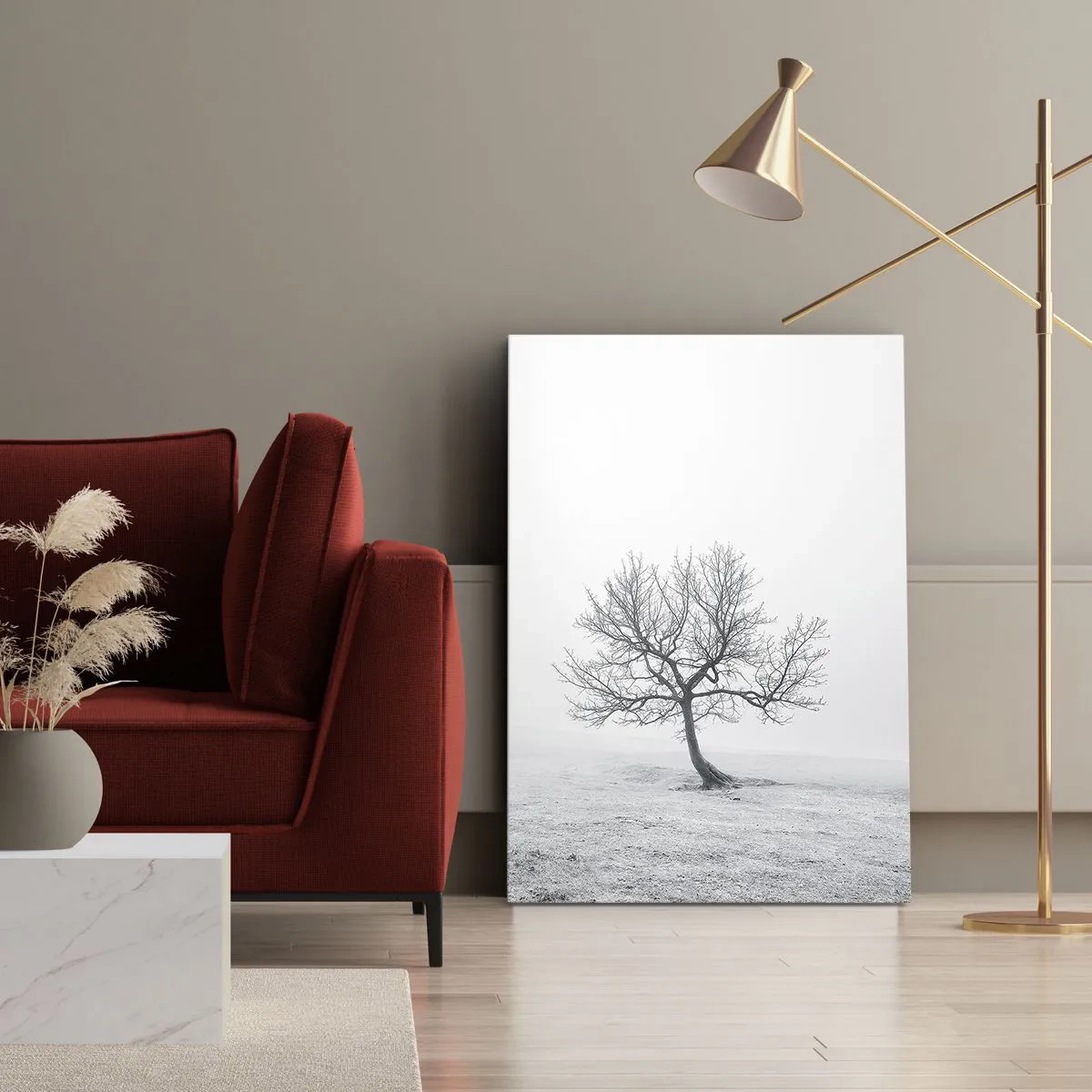 Impression sur toile - Image sur toile - Un arbre solitaire dans le brouillard hivernal dans un champ vide - 50x70cm - Contre le néant - Décoration murale moderne pour le salon et la chambre ARTTOR