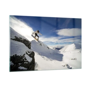 Impression sur verre - Image sur verre - Un snowboarder sautant d'une falaise dans les montagnes en hiver - 120x80cm - Liberté sans limite - Décoration murale moderne pour le salon et la chambre ARTTOR
