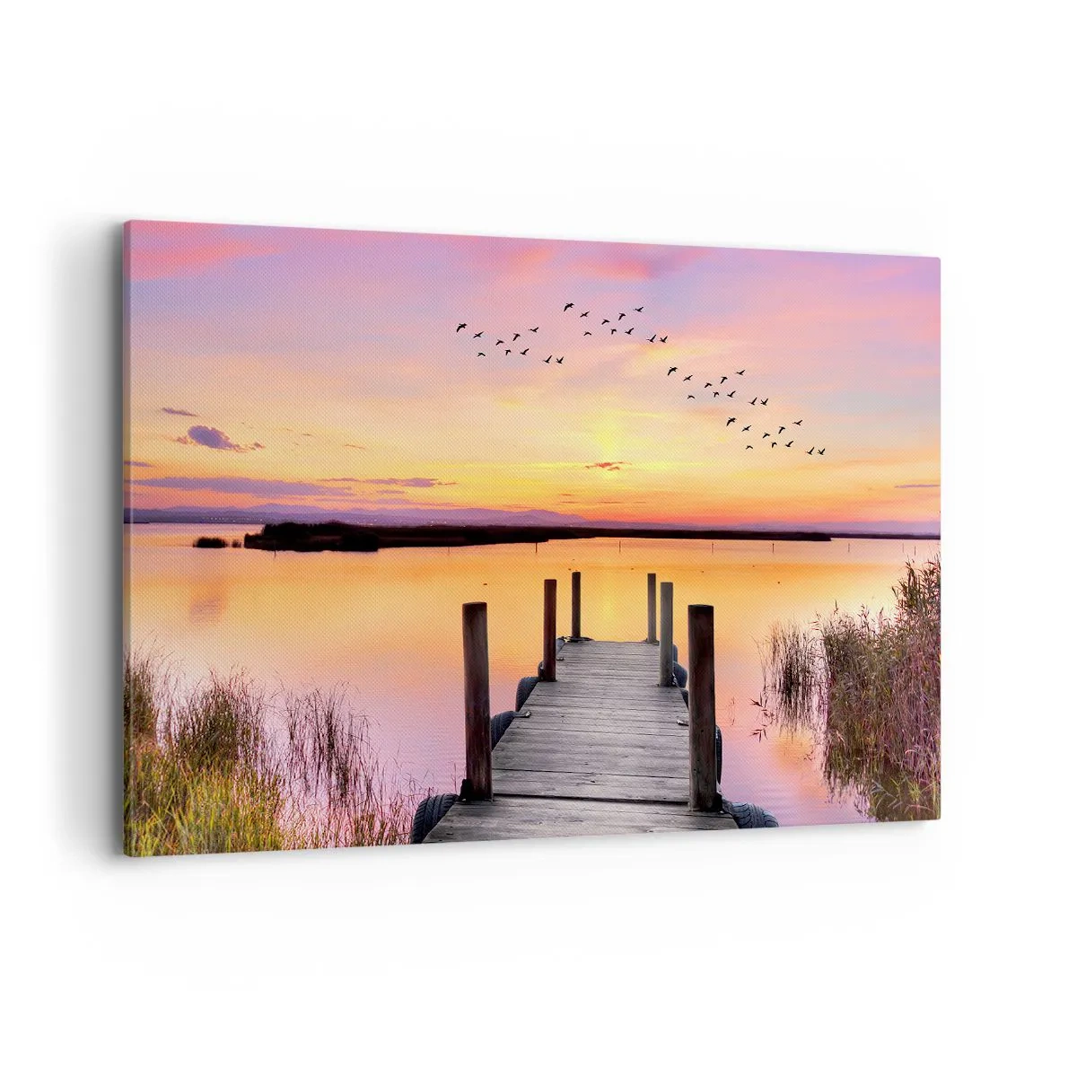 Impression sur toile - Image sur toile - Une jetée sur un lac au coucher du soleil avec des oiseaux dans le ciel - 120x80cm - Aube silencieuse violette - Décoration murale moderne pour le salon et la chambre ARTTOR