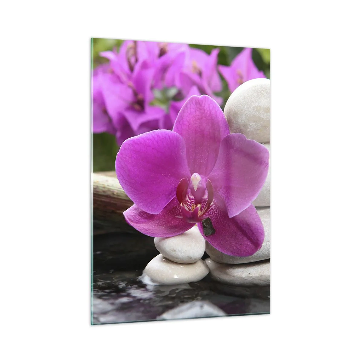 Impression sur verre - Image sur verre - Orchidée violette, pierres et cascade de bambou - 50x70cm - Tu te reposes déjà - Décoration murale moderne pour le salon et la chambre ARTTOR