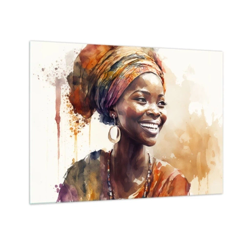 Impression sur verre - Image sur verre - Portrait à l'aquarelle d'une femme souriante portant un turban - 70x50cm - reine africaine - Décoration murale moderne pour le salon et la chambre ARTTOR