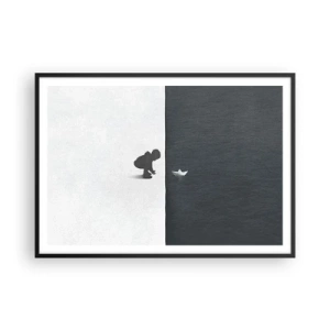 Affiche dans un cadre noir - Poster - Une figure d'enfant avec un bateau en papier sur un fond de moitiés contrastées - 100x70cm - Grande expédition - Décoration murale moderne pour le salon et la chambre ARTTOR