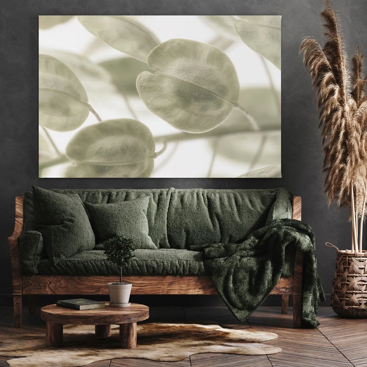 Impression sur toile - Image sur toile - Une peinture délicate de feuilles dans des tons pastel de vert sur un fond clair. - 70x50cm - Au commencement il y avait des feuilles... - Décoration murale moderne pour le salon et la chambre ARTTOR