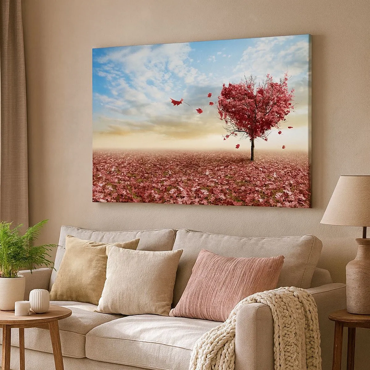 Impression sur toile - Image sur toile - Un arbre solitaire en forme de cœur dans un champ de feuilles rouges - 70x50cm - Vous allez aussi aimer l'automne - Décoration murale moderne pour le salon et la chambre ARTTOR