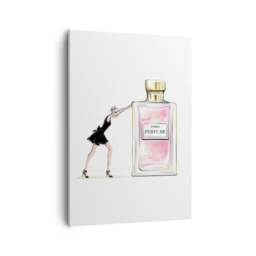 Impression sur toile - Image sur toile - Une femme en robe noire à côté d'un flacon de parfum - 50x70cm - L'essence des femmes - Décoration murale moderne pour le salon et la chambre ARTTOR