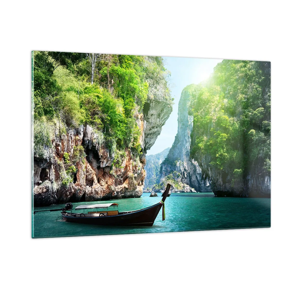 Impression sur verre - Image sur verre - Un bateau traditionnel sur une eau turquoise entre des falaises - 120x80cm - Une invitation à un voyage exotique - Décoration murale moderne pour le salon et la chambre ARTTOR
