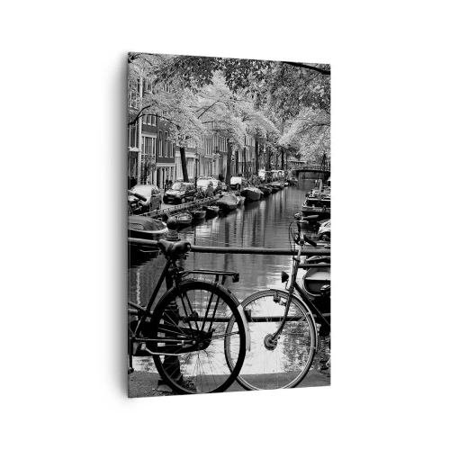 Impression sur toile - Image sur toile - Canal avec des vélos en photographie noir et blanc - 80x120cm - Une vue très hollandaise - Décoration murale moderne pour le salon et la chambre ARTTOR