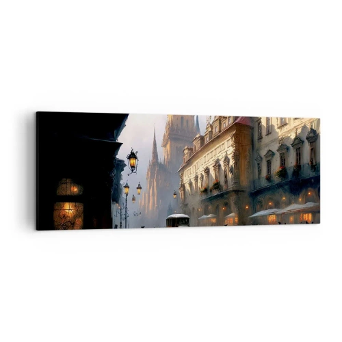 Impression sur toile - Image sur toile - Scène de rue en soirée avec une architecture historique - 140x50cm - Le charme d'une soirée pragoise - Décoration murale moderne pour le salon et la chambre ARTTOR