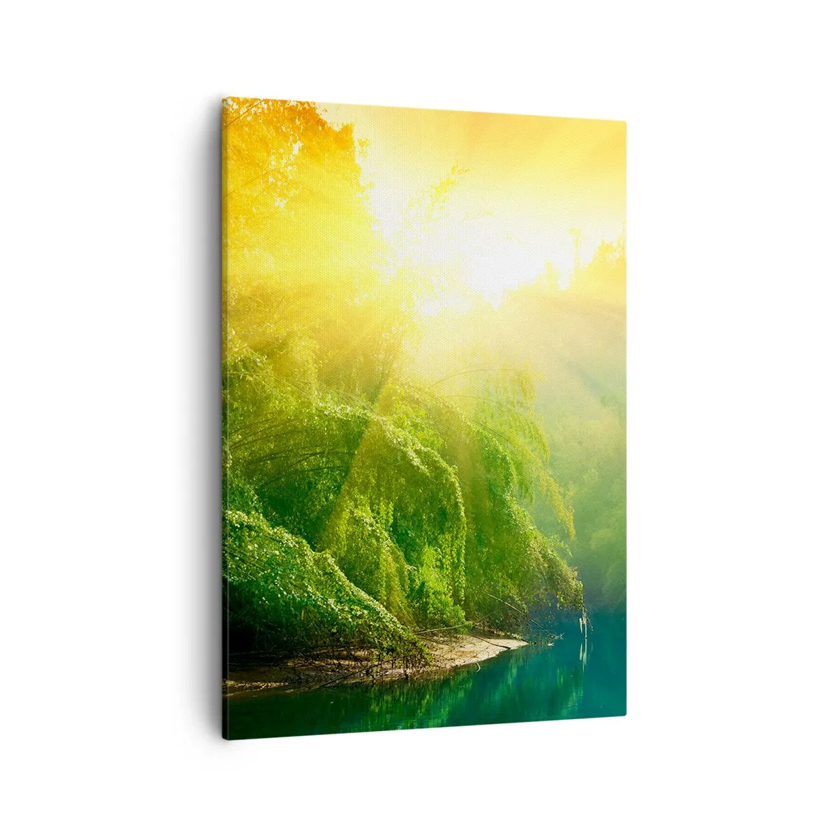 Impression sur toile - Image sur toile - Une forêt verte au bord de la rivière, illuminée par les rayons du soleil levant - 50x70cm - Se noyer au soleil et à l'ombre - Décoration murale moderne pour le salon et la chambre ARTTOR