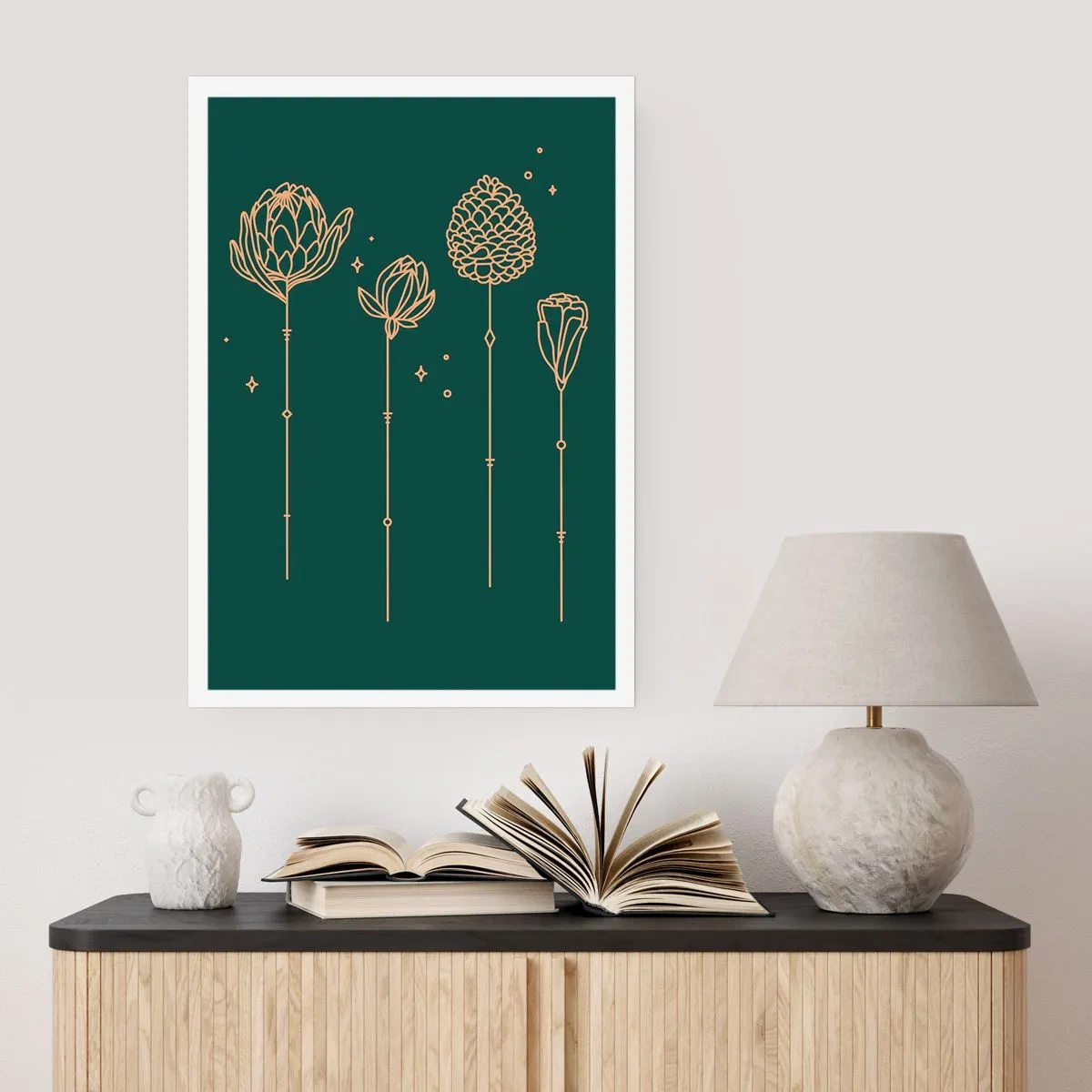 Affiche - Poster - Contours dorés de fleurs sur fond vert foncé - 50x70cm - La famille Plante - Décoration murale moderne pour le salon et la chambre ARTTOR