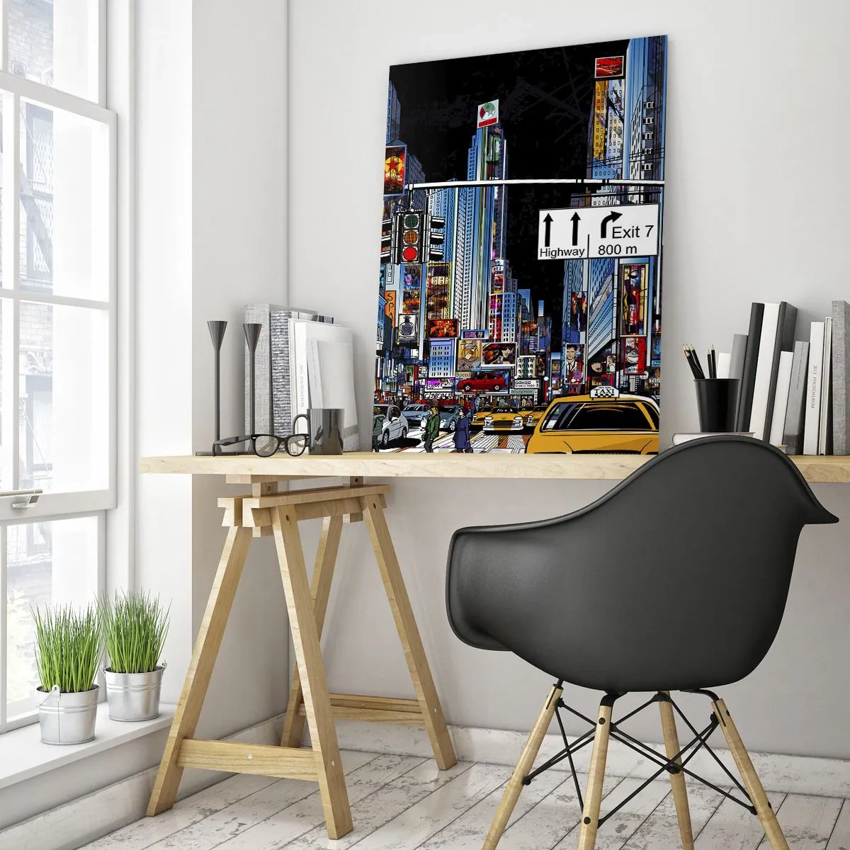 Impression sur verre - Image sur verre - Une rue animée avec des taxis jaunes et des enseignes au néon - 50x70cm - Grande nuit de bande dessinée - Décoration murale moderne pour le salon et la chambre ARTTOR