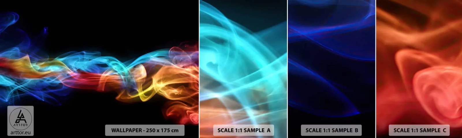 Échantillon de Papier Peint Autocollant Deluxe Sticker - Danse arc-en-ciel du brouillard - Abstraction, Graphique, Flammes colorées - 100x30 cm