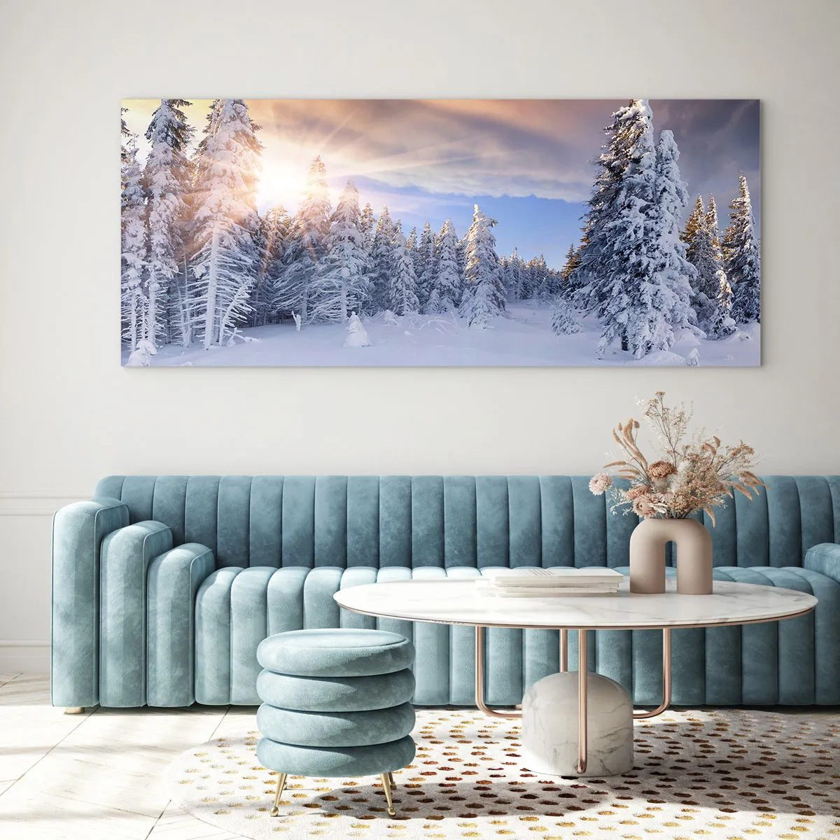 Impression sur verre - Image sur verre - Paysage d'hiver avec une forêt enneigée au coucher du soleil - 120x50cm - Un spectacle enneigé de la nature - Décoration murale moderne pour le salon et la chambre ARTTOR