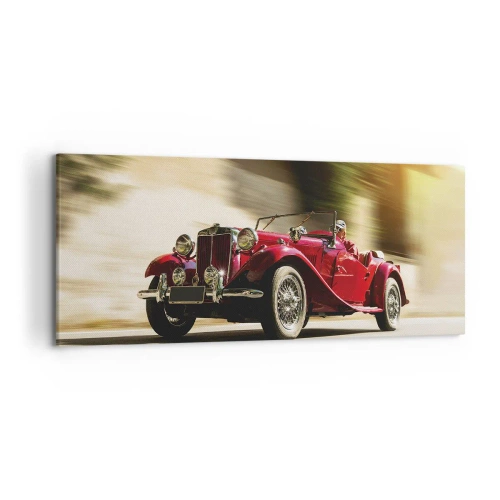 Impression sur toile - Image sur toile - Voiture classique rouge en mouvement dans une rue ensoleillée - 120x50cm - Plus belle que Nike de Samothrace - Décoration murale moderne pour le salon et la chambre ARTTOR