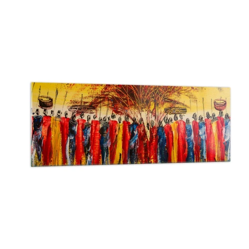 Impression sur verre - Image sur verre - Une scène colorée avec des personnages africains sur fond de soleil couchant. - 140x50cm - Là-bas, là-bas, ils vont là-bas - Décoration murale moderne pour le salon et la chambre ARTTOR