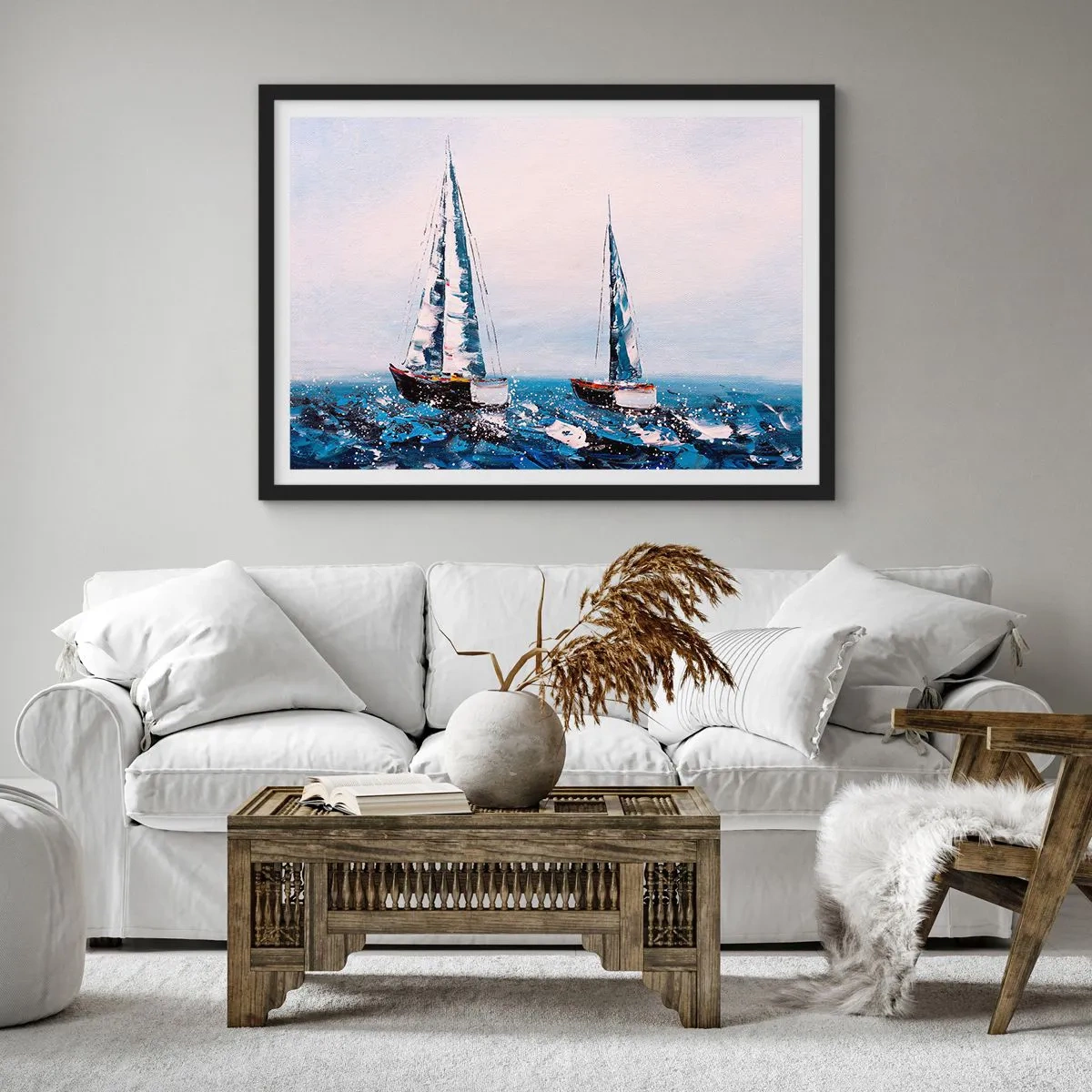 Affiche dans un cadre noir - Poster - Voiliers sur une mer agitée dans une composition picturale - 100x70cm - Confrérie du vent - Décoration murale moderne pour le salon et la chambre ARTTOR