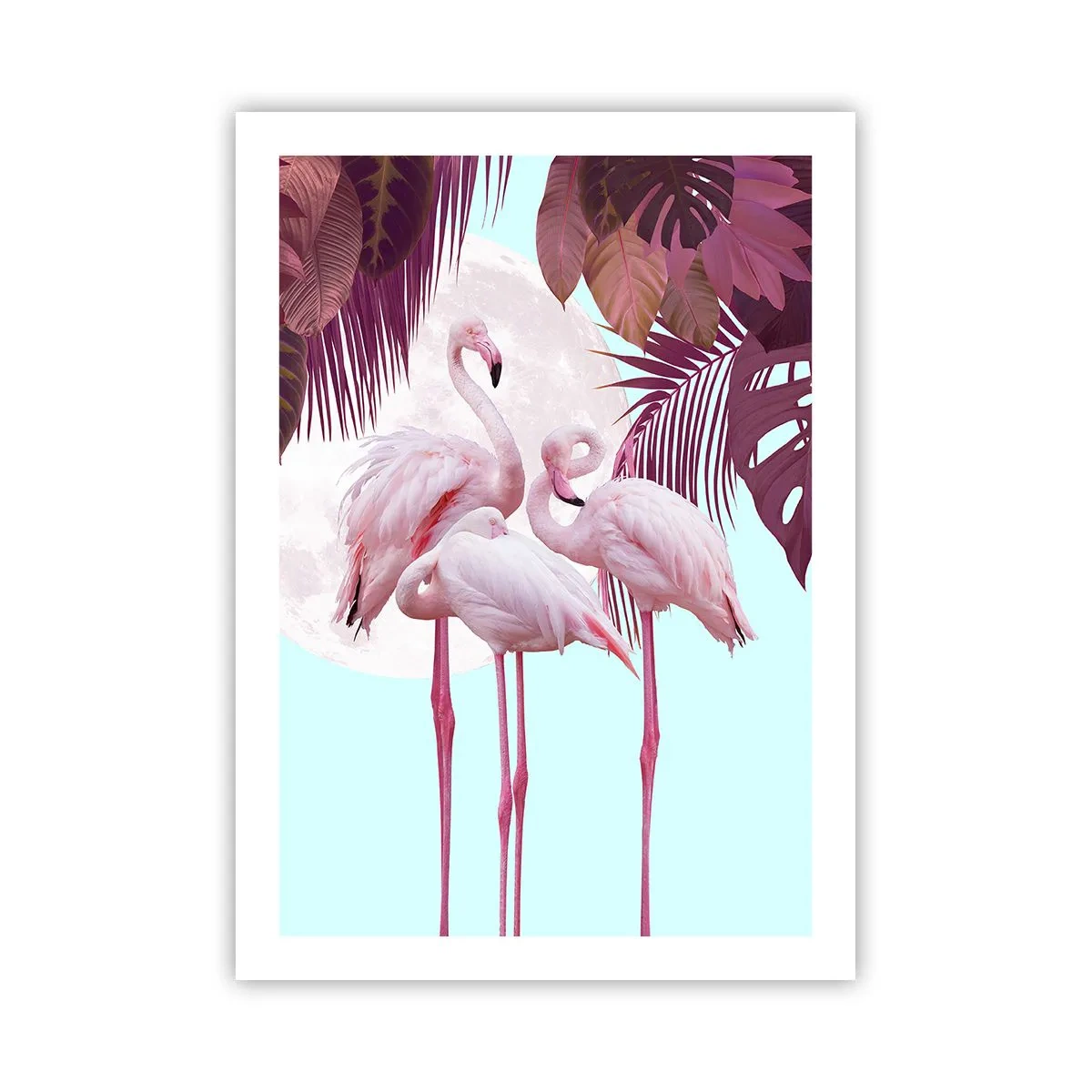 Affiche - Poster - Flamants roses sur fond de feuillage tropical et de pleine lune - 50x70cm - Trois oiseaux gracieux - Décoration murale moderne pour le salon et la chambre ARTTOR