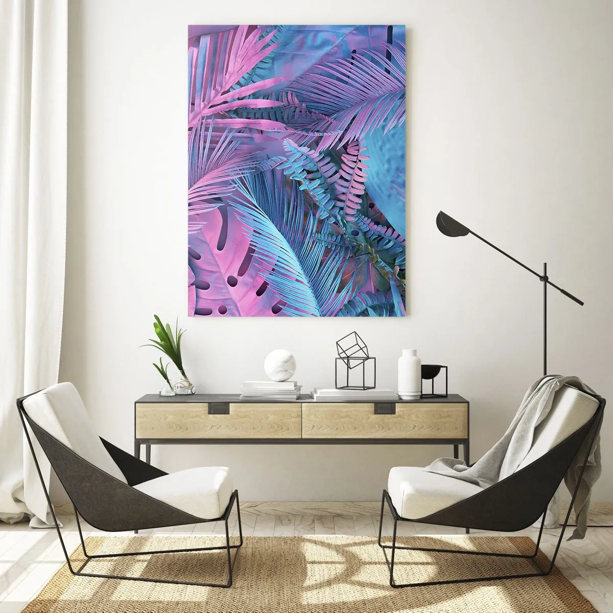 Impression sur verre - Image sur verre - Feuilles tropicales dans des tons de rose et de bleu sur un fond néon - 50x70cm - Les tropiques en rose et bleu - Décoration murale moderne pour le salon et la chambre ARTTOR