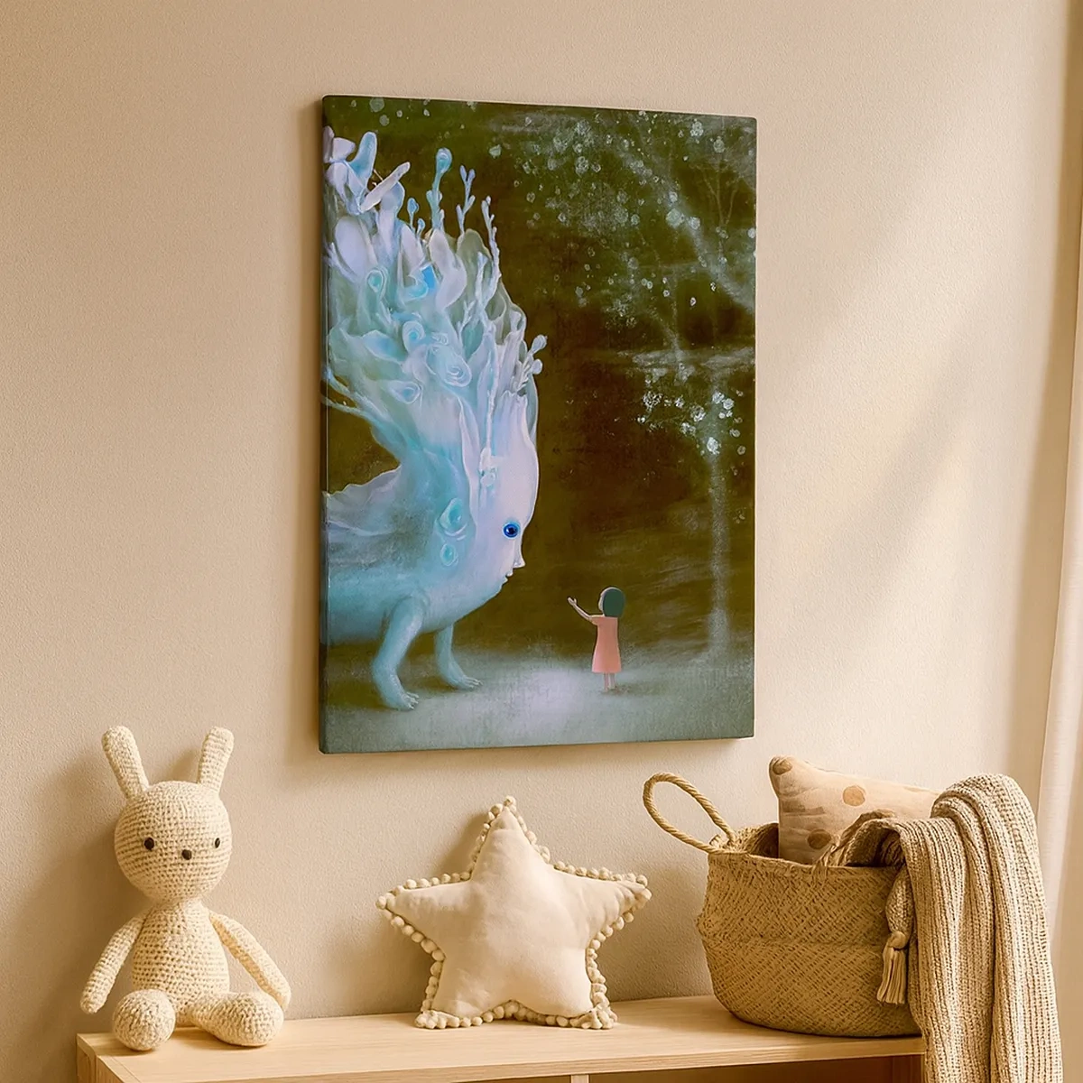 Impression sur toile - Image sur toile - La figure d'une fille face à une créature fantastique - 50x70cm - Une rencontre fantastique - Décoration murale moderne pour le salon et la chambre ARTTOR