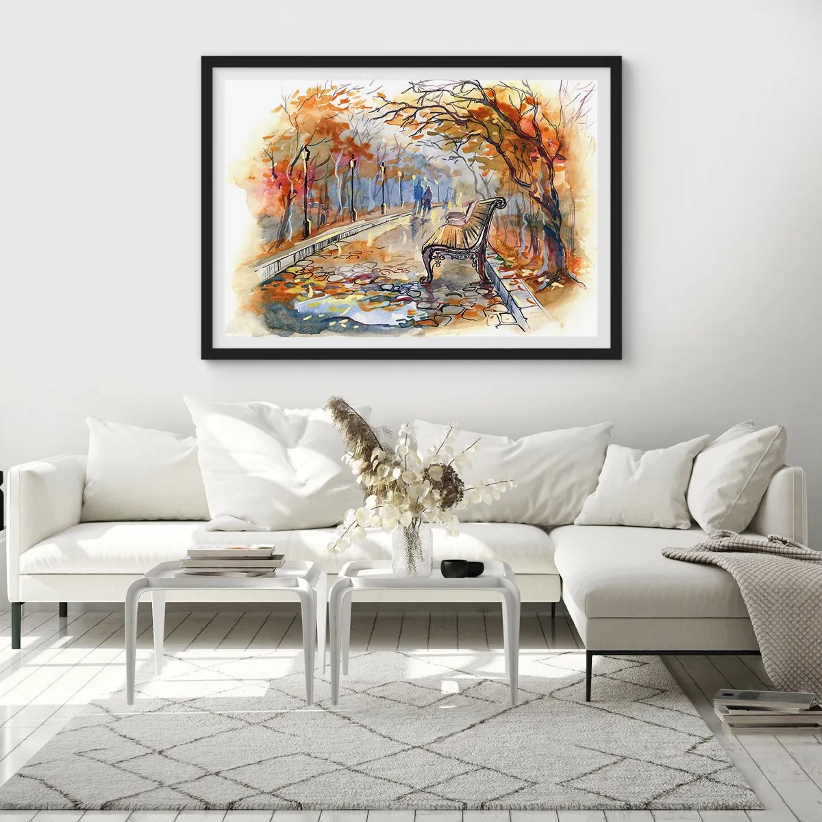 Affiche dans un cadre noir - Poster - Un parc d'automne avec un banc à l'aquarelle - 70x50cm - Errer ensemble à l'automne - Décoration murale moderne pour le salon et la chambre ARTTOR