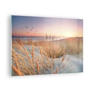 Impression sur verre - Image sur verre - Une plage avec de l'herbe et le soleil couchant sur la mer - 70x50cm - Berceuse baltique - Décoration murale moderne pour le salon et la chambre ARTTOR